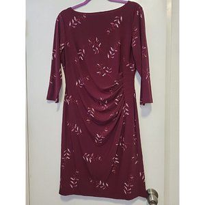 Ralph Lauren Dress Burgundy Floral Print Long Sleeve Ruched Size 12